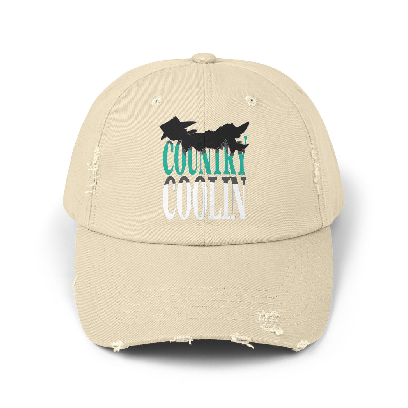Unisex distressed cap in beige with 'Country Coolin' design, perfect for casual outdoor wear.