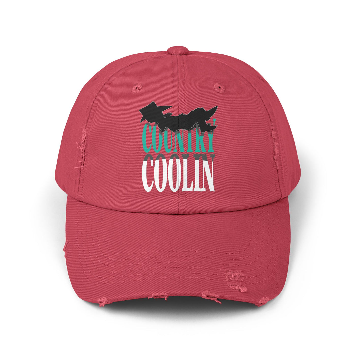 Unisex distressed cap in red with 'Country Coolin' graphic, perfect for casual style and sun protection.
