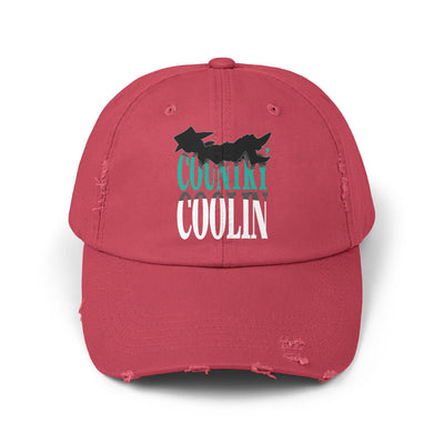 Unisex distressed cap in red with 'Country Coolin' graphic, perfect for casual style and sun protection.