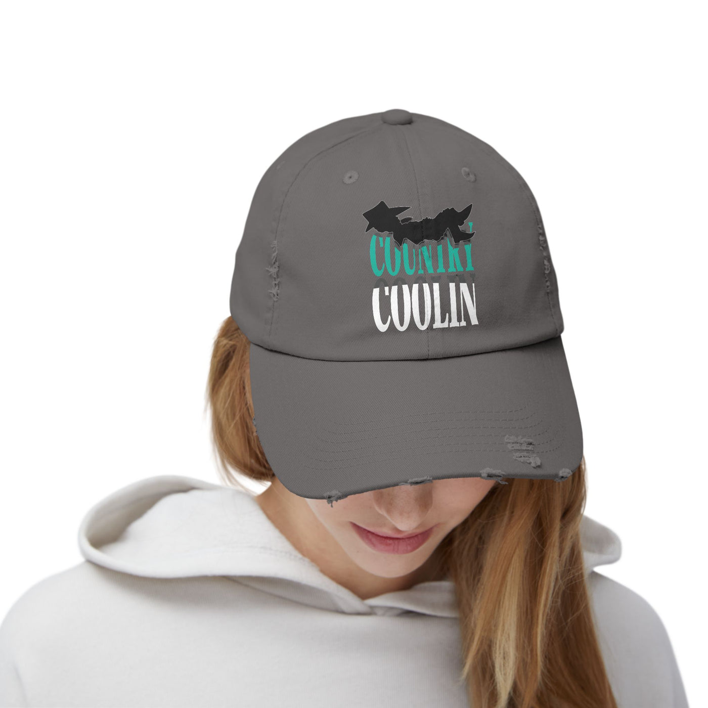 Unisex distressed cap in gray with 'Country Coolin' printed on front, perfect for casual style and sun protection.