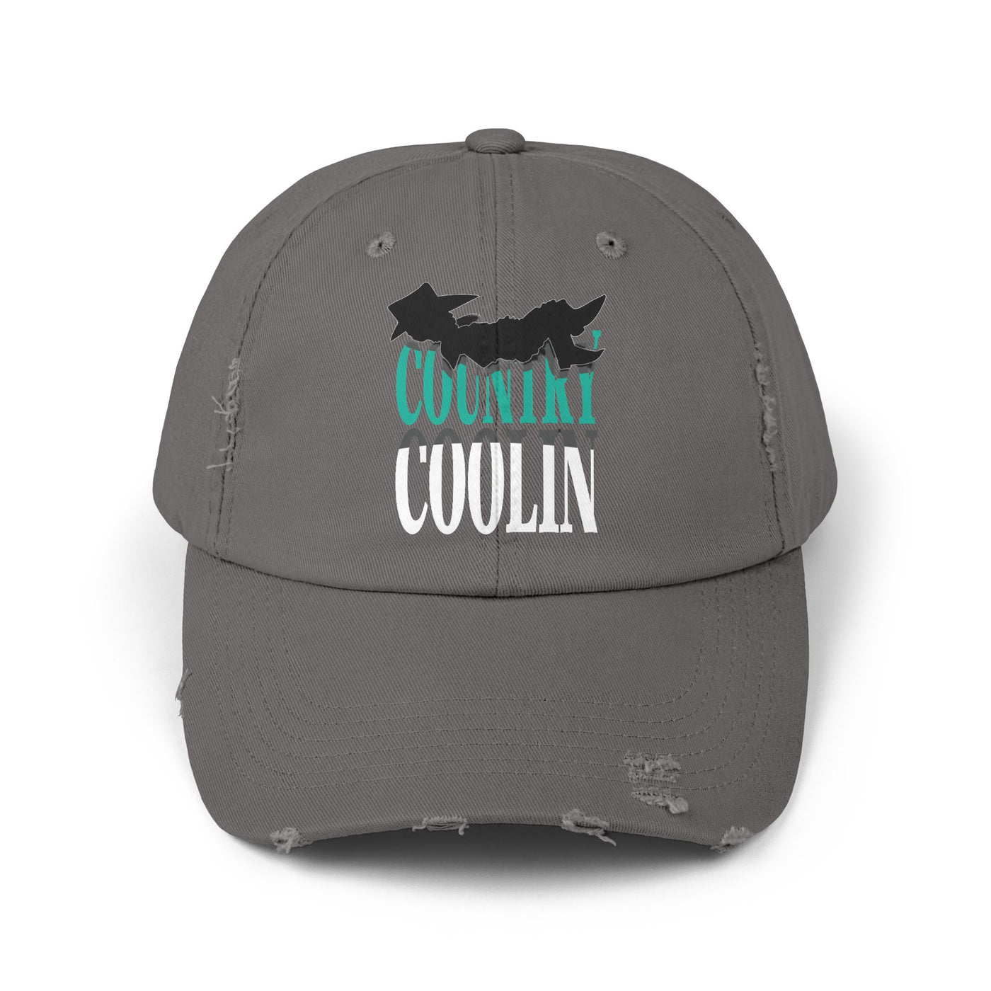 Unisex distressed cap in gray featuring a casual design and unique lettering for style and comfort.