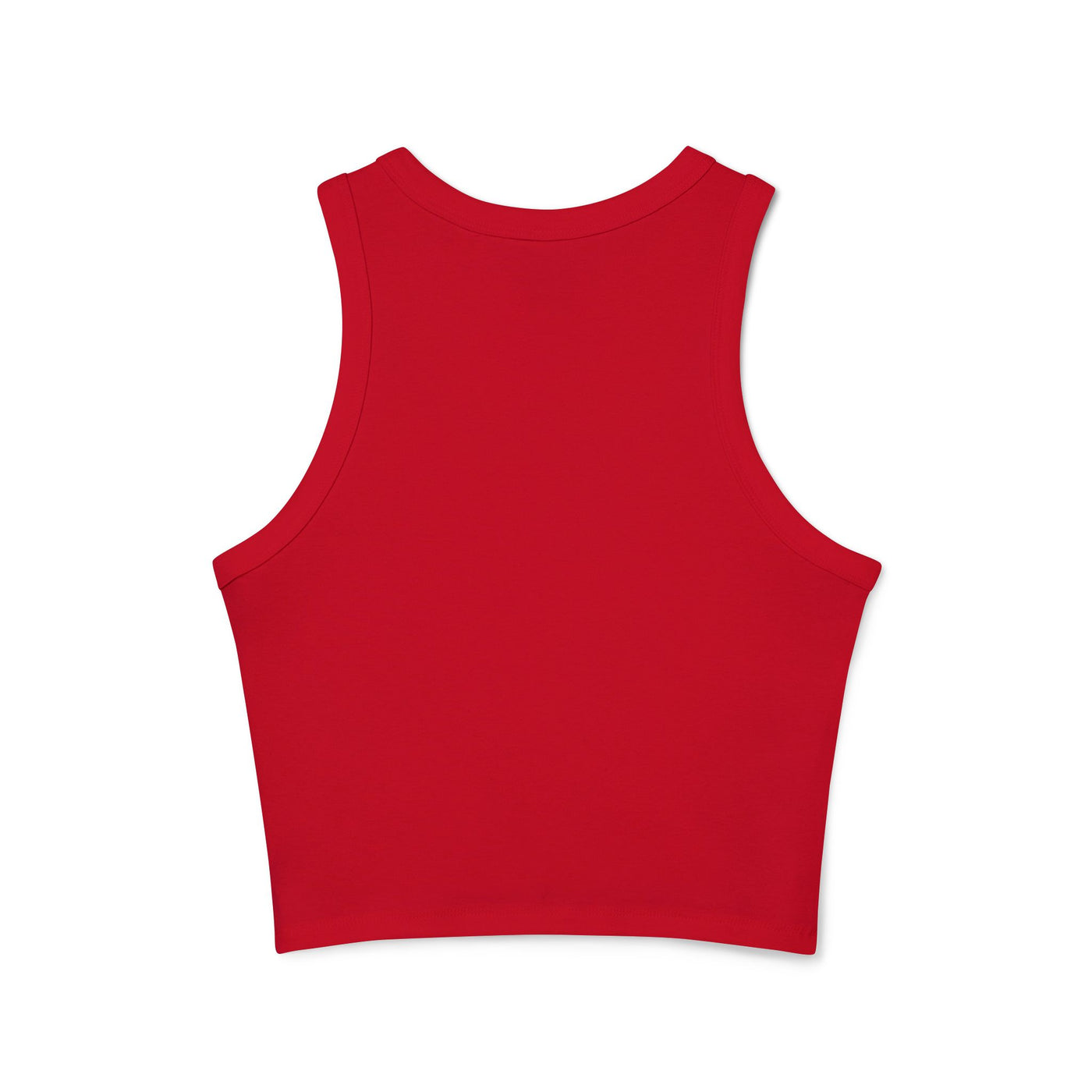 Back view of women's red micro rib racer tank top with snug fit and high neck design, perfect for layering.