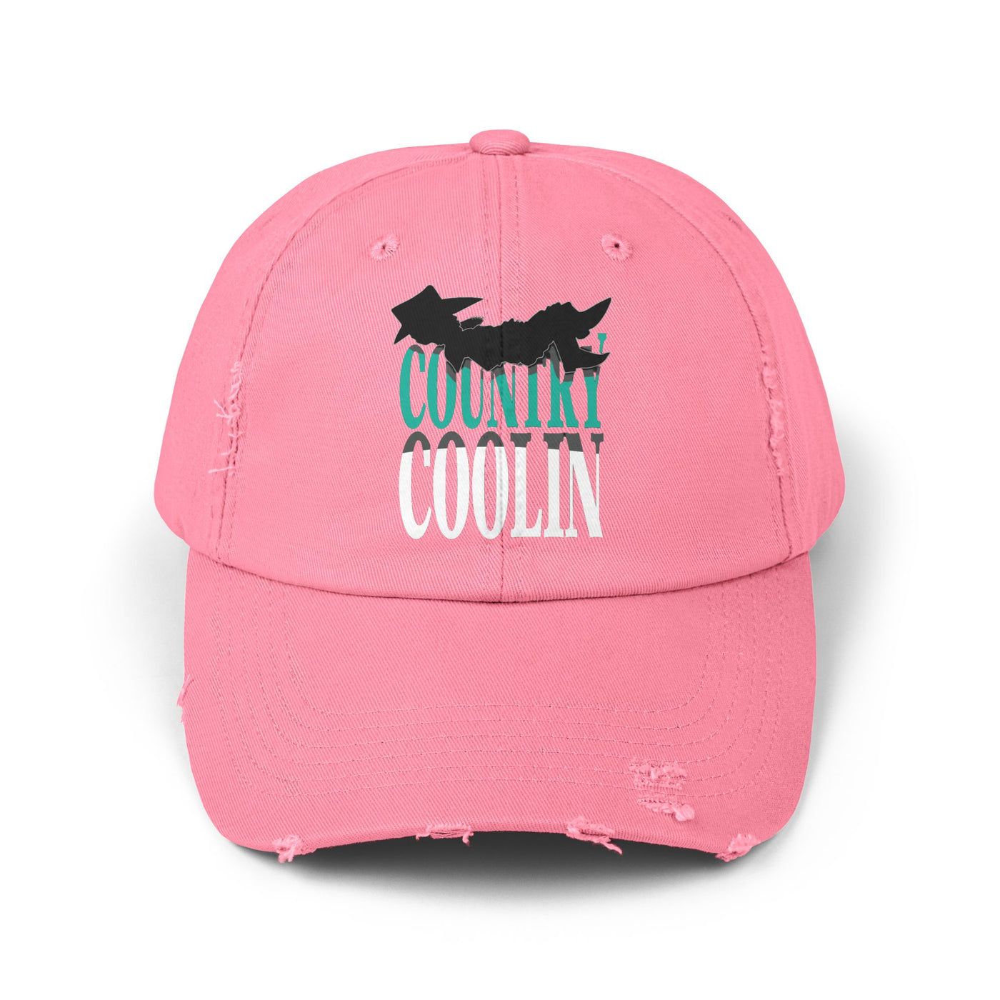 Unisex distressed pink cap with 'Country Coolin'' graphic, perfect for casual style and sun protection.