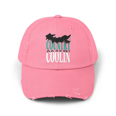 Unisex distressed pink cap with 'Country Coolin'' graphic, perfect for casual style and sun protection.
