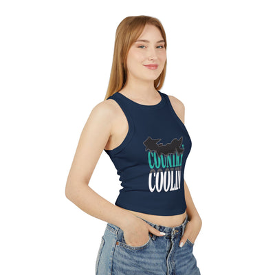 Model wearing a navy women's micro rib racer tank top with 'Country Coolin'' graphic design, perfect for casual outfits.