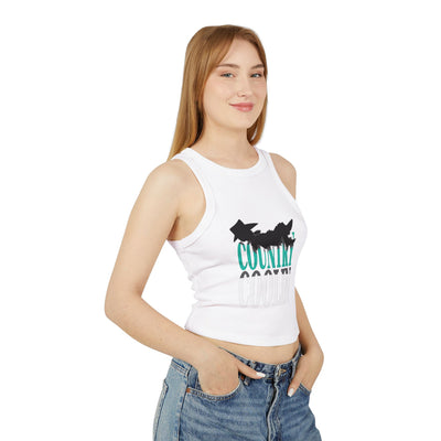 Model wearing a Women's Micro Rib Racer Tank Top in white with country graphic design, styled with denim jeans.