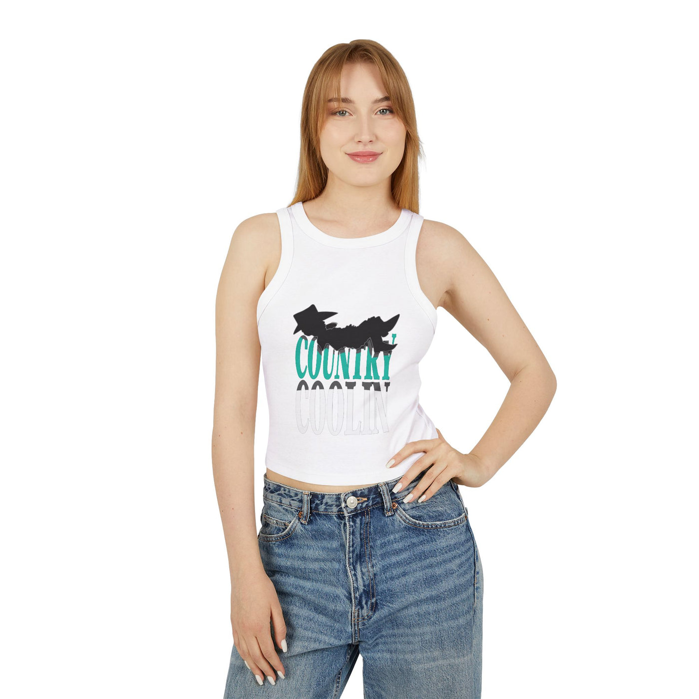 Model wearing a white women's micro rib racer tank top with a country graphic design and fitted style.