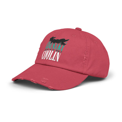 Unisex distressed cap in coral with cool graphic design, perfect for casual style and adjustable fit.
