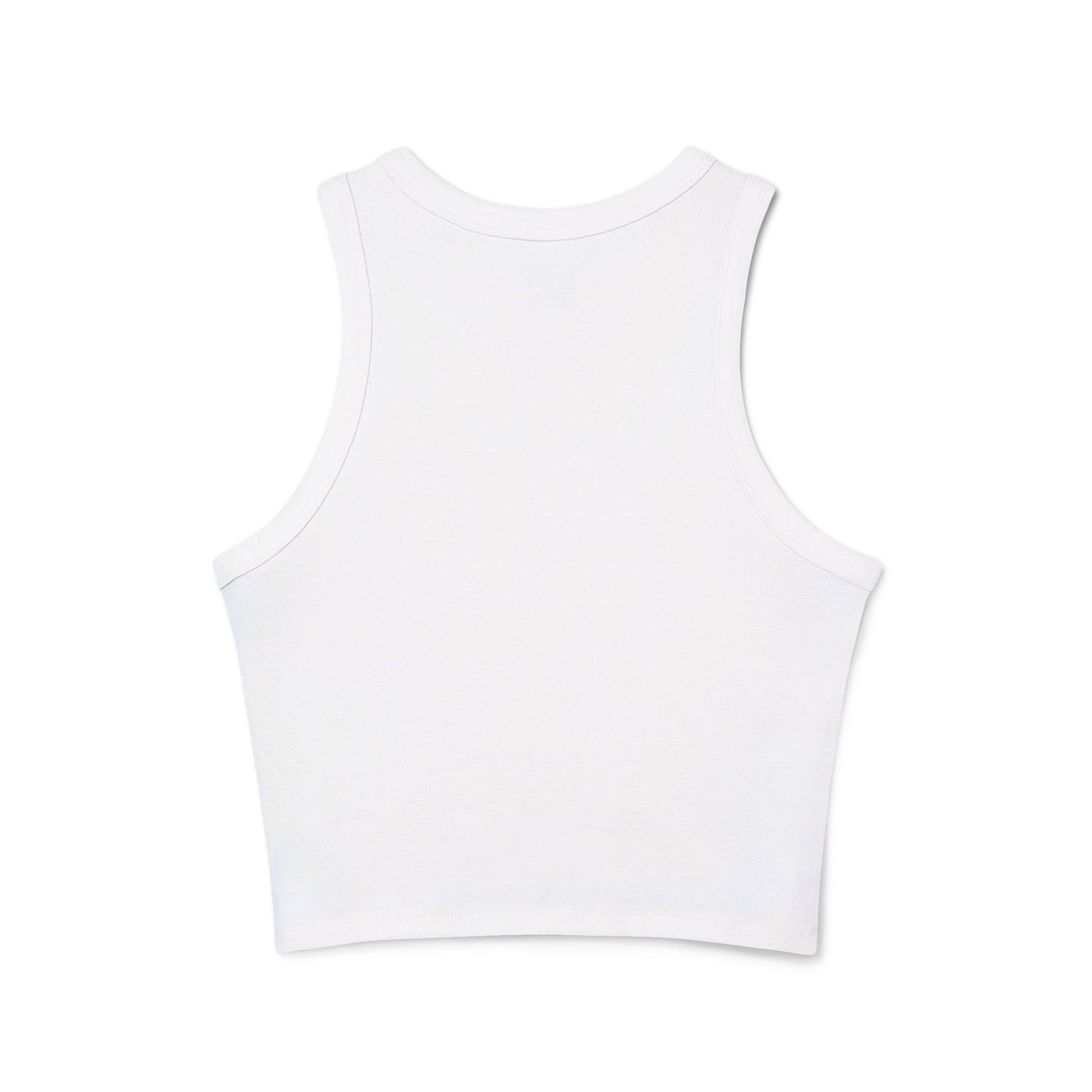 Back view of Women's Micro Rib Racer Tank Top in white, featuring a fitted design and chic racer-back style.