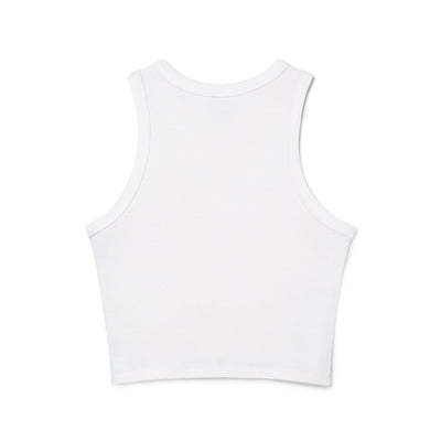 Back view of Women's Micro Rib Racer Tank Top in white, featuring a fitted design and chic racer-back style.