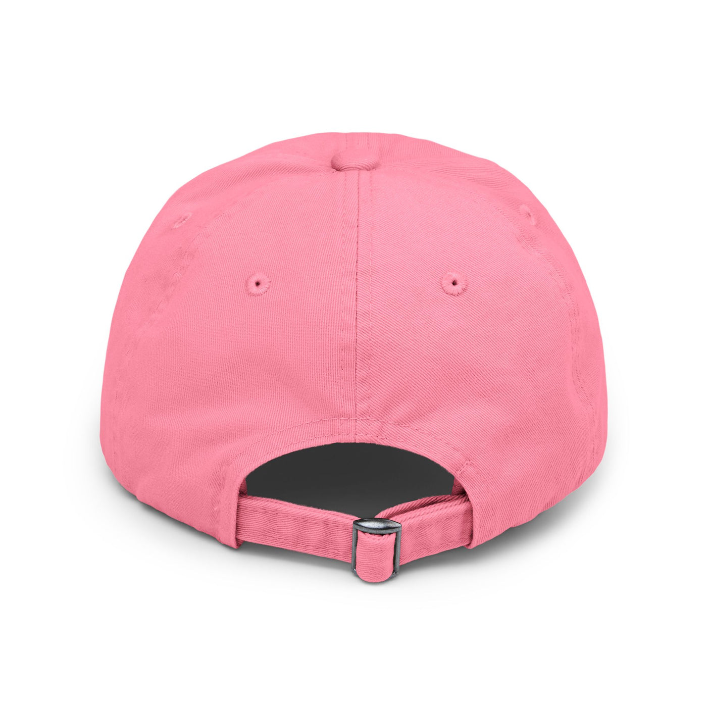 Back view of a unisex distressed cap in pink, featuring a D-ring closure and adjustable strap for a perfect fit.
