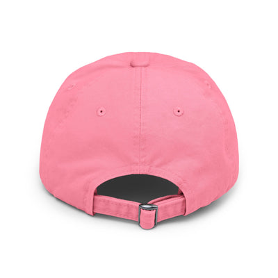 Back view of a unisex distressed cap in pink, featuring a D-ring closure and adjustable strap for a perfect fit.