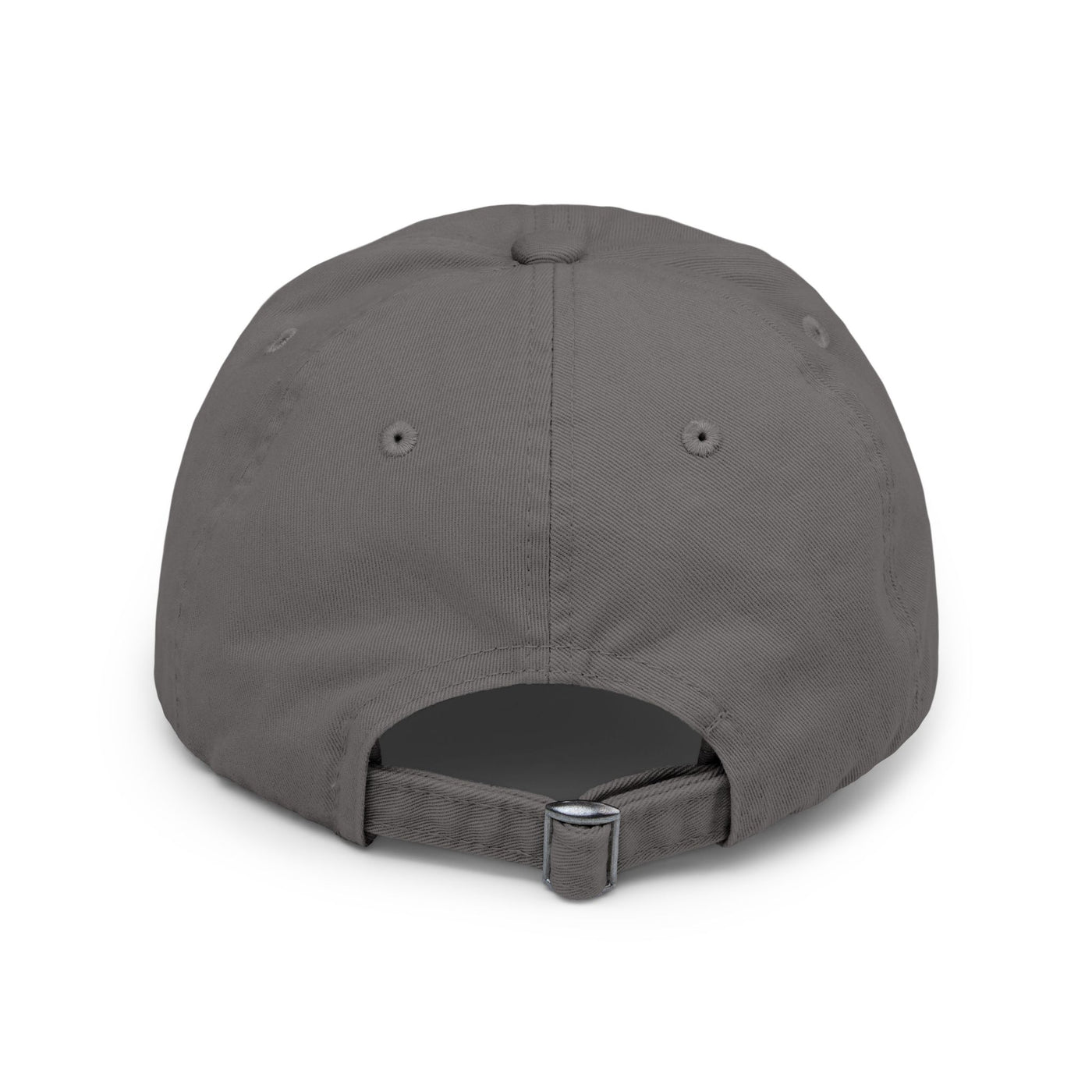 Back view of a unisex distressed cap in gray with adjustable D-ring closure and low profile design.