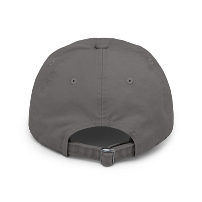 Back view of a unisex distressed cap in gray with adjustable D-ring closure and low profile design.