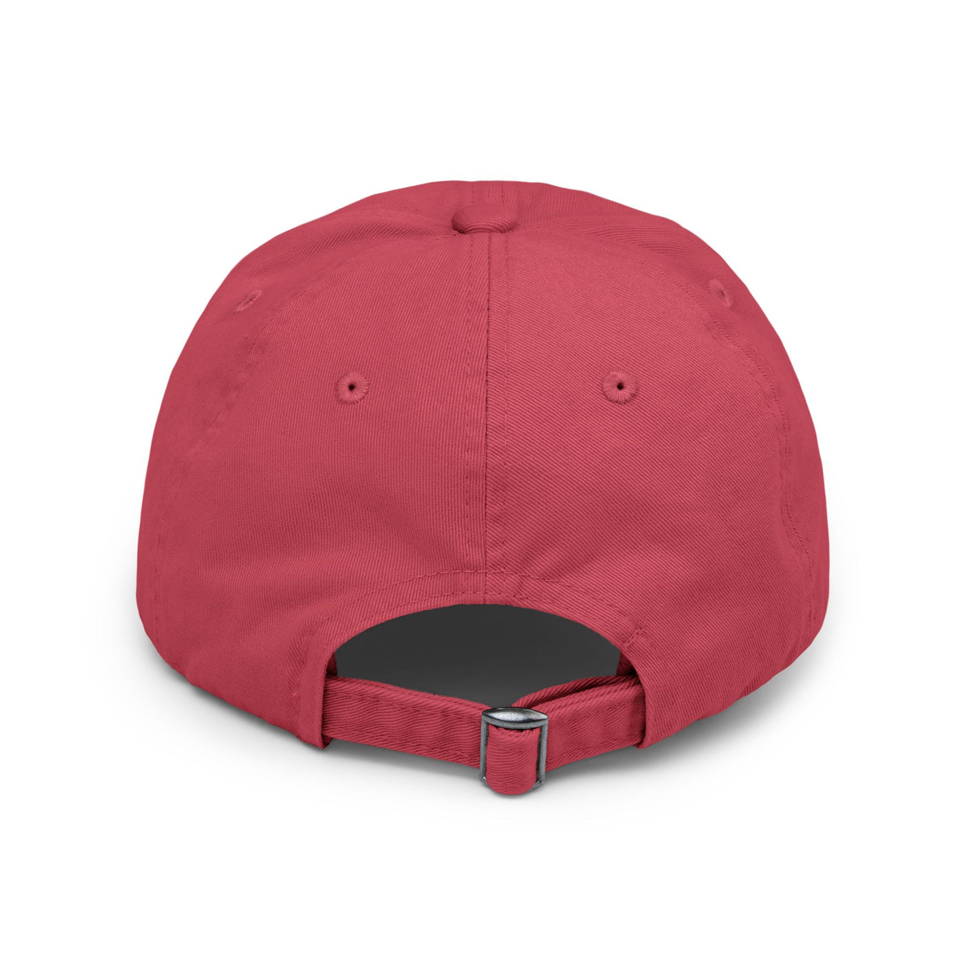 Back view of a unisex distressed cap in red, featuring a D-ring closure for adjustable fit.