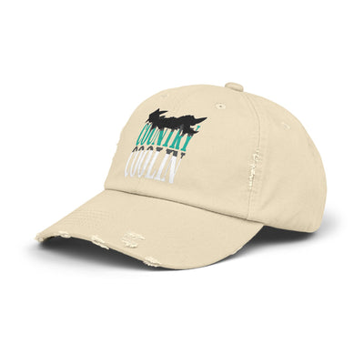 Unisex distressed cap in beige with cool graphic design, featuring a low profile and adjustable D-ring closure for comfort.