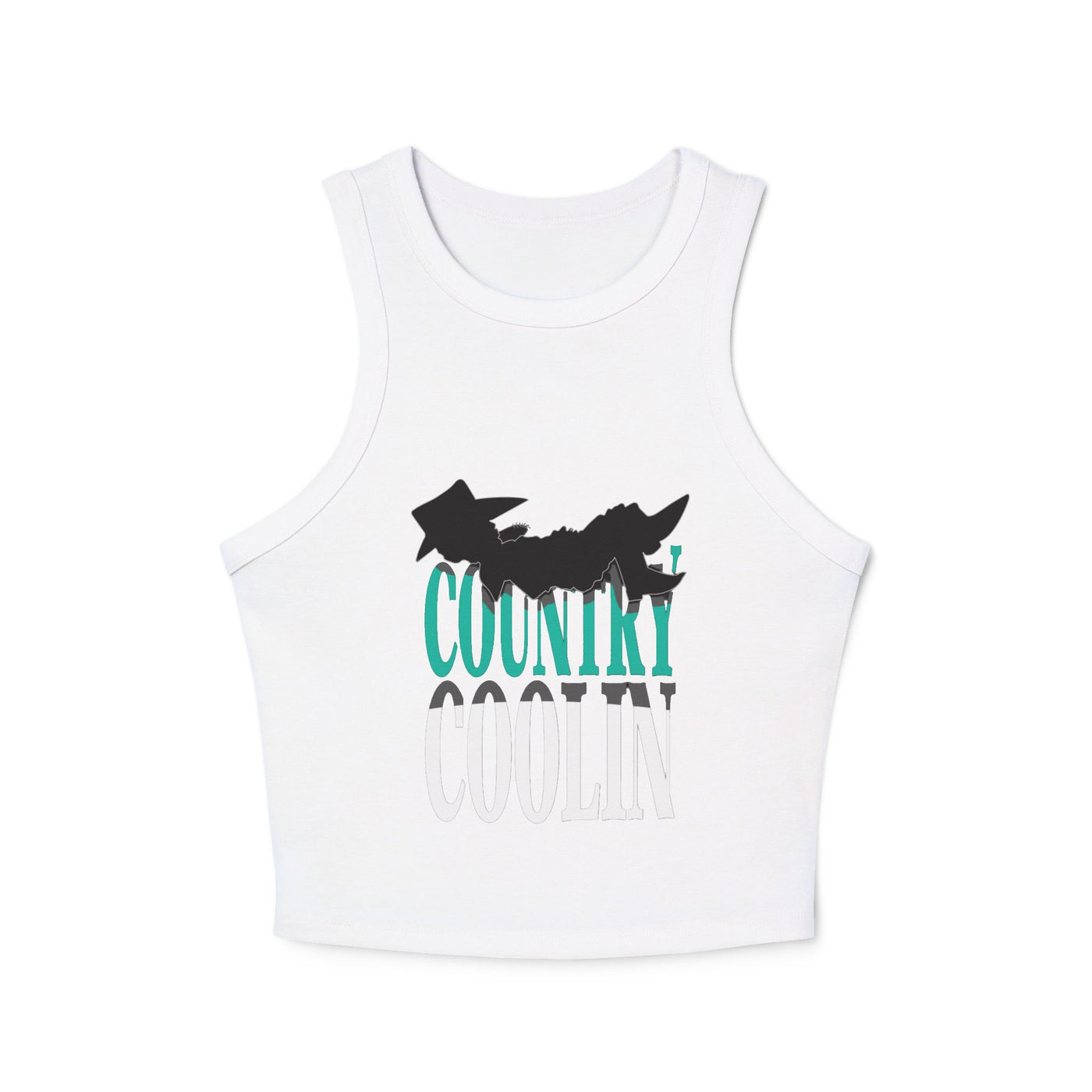 White crop tank top with 'Country Coolin' graphic design in black and teal colors.
