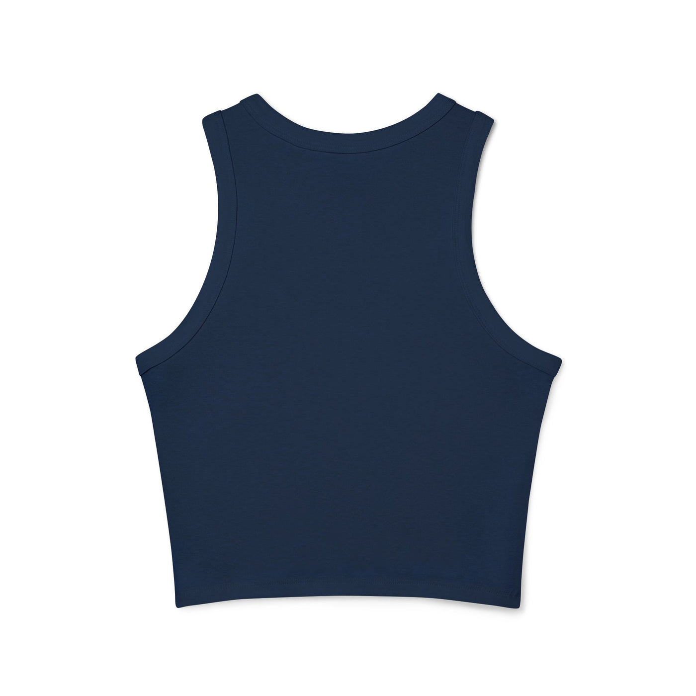 Back view of women's micro rib racer tank top in navy blue, featuring a fitted design and modern high neck.