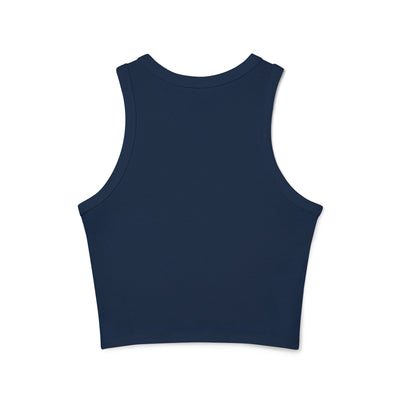 Back view of women's micro rib racer tank top in navy blue, featuring a fitted design and modern high neck.