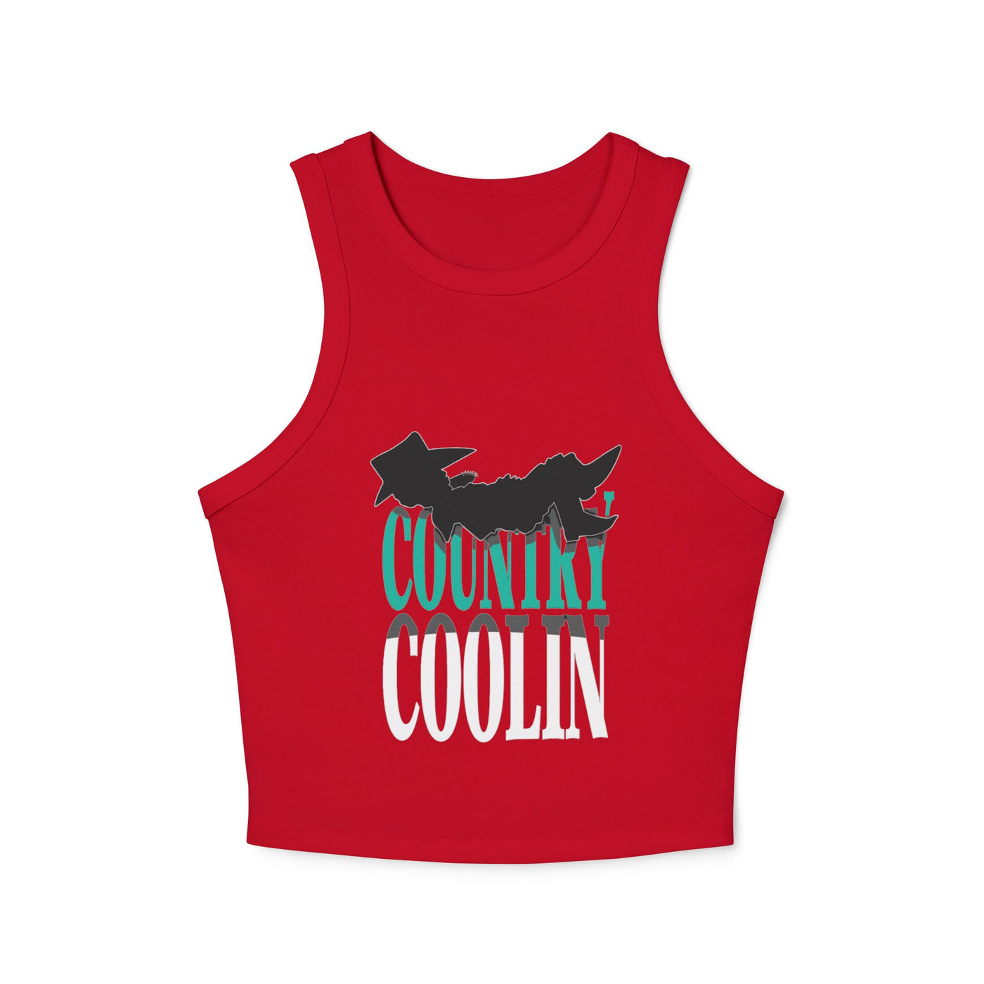 Red women's crop tank top featuring 'COUNTRY COOLIN' graphic design for a trendy summer look.