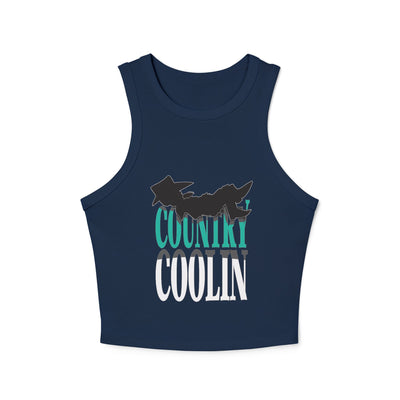 Navy blue women's crop tank top featuring "COUNTRY COOLIN" design, perfect for casual summer outfits.