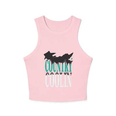 Women's pink racer tank top featuring graphic design 'Country Coolin' in black and teal.