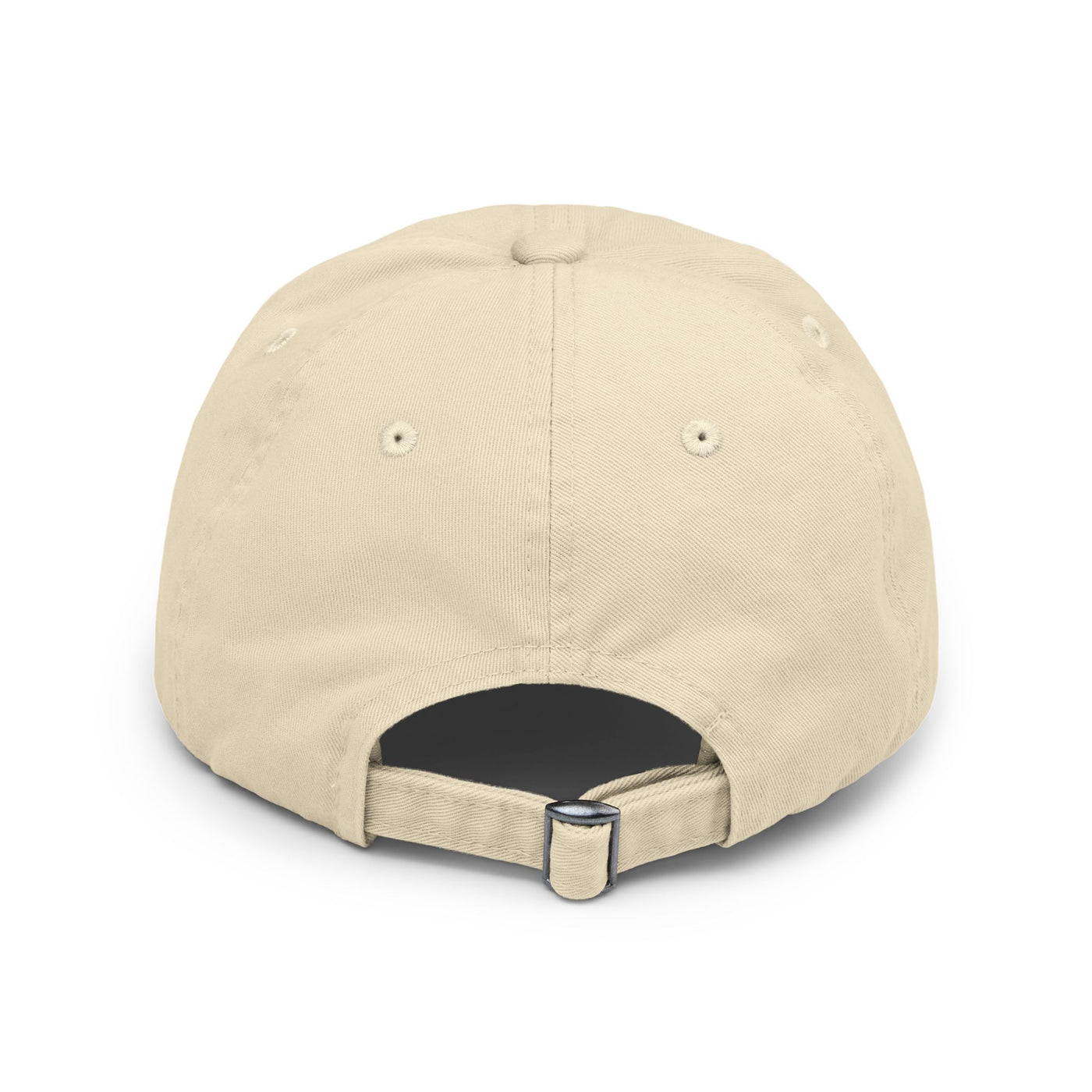 Back view of unisex distressed cap with adjustable D-ring closure, showcasing a casual style in beige.