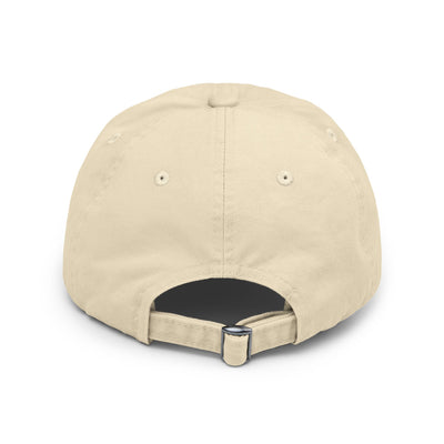 Back view of unisex distressed cap with adjustable D-ring closure, showcasing a casual style in beige.