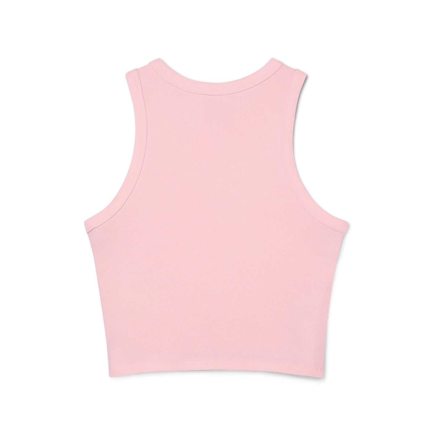 Back view of women's pink micro rib racer tank top, fitted design with high neckline and mid-length cut.