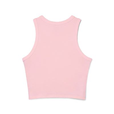 Back view of women's pink micro rib racer tank top, fitted design with high neckline and mid-length cut.