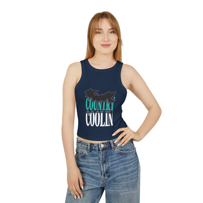 Woman wearing navy blue micro rib tank top with 'Country Coolin' graphic design, ideal for casual summer wear.