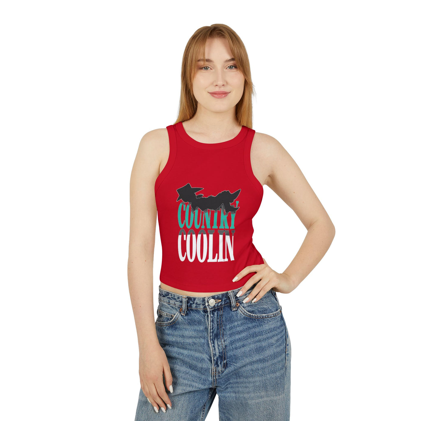 Woman in a red tank top with 'Country Coolin' graphic, styled with high-waisted jeans for a casual look.
