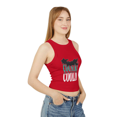 Red women's micro rib racer tank top with 'COOLIN' graphic, showcasing a fitted design and modern look.